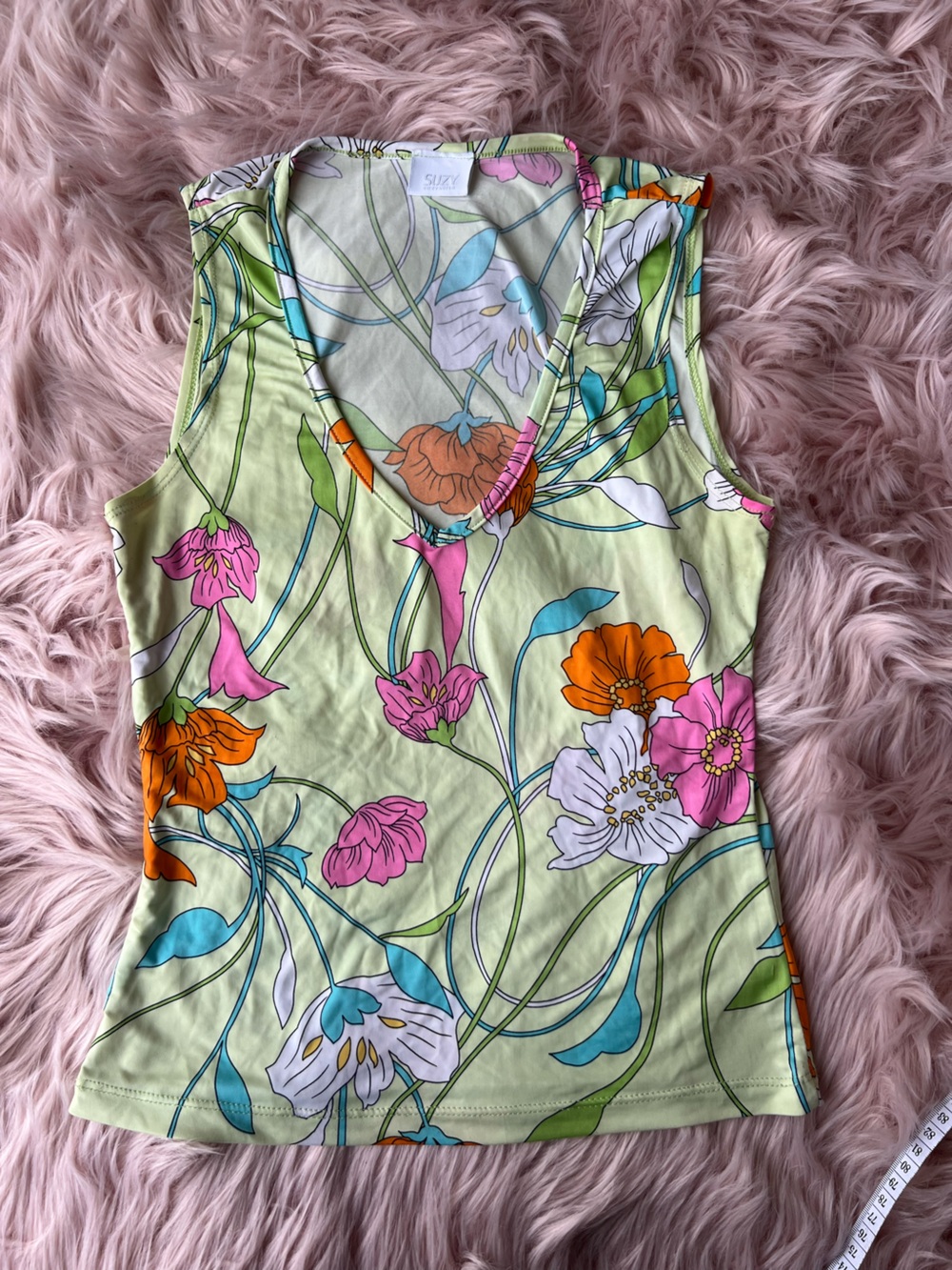 Suzy Shier Light Green Floral Mini Skirt with Pink & Orange Blooms Y2K Vintage